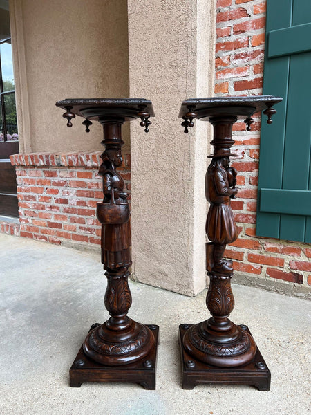 Antique French Breton Pedestal Stands PAIR Carved Figural Display Brittany c1900