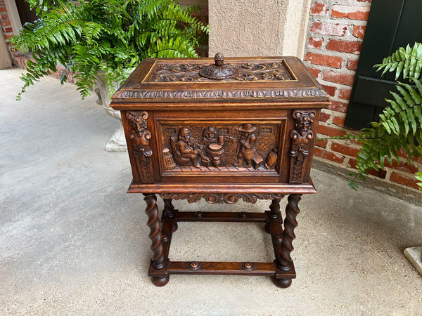 Antique French Renaissance Chest Box on Stand Breton Brittany Oak Barley Twist