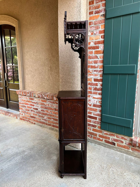 Antique French Breton Hall Cabinet Tall Narrow Carved Crown Bookcase c1880