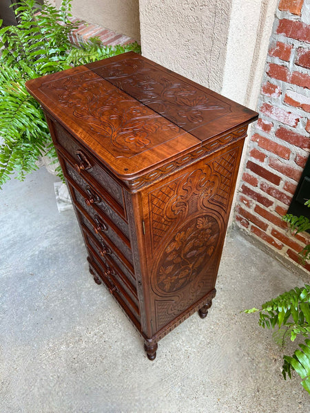 Antique English Victorian Wellington Chest of Drawers Campaign Carved Oak