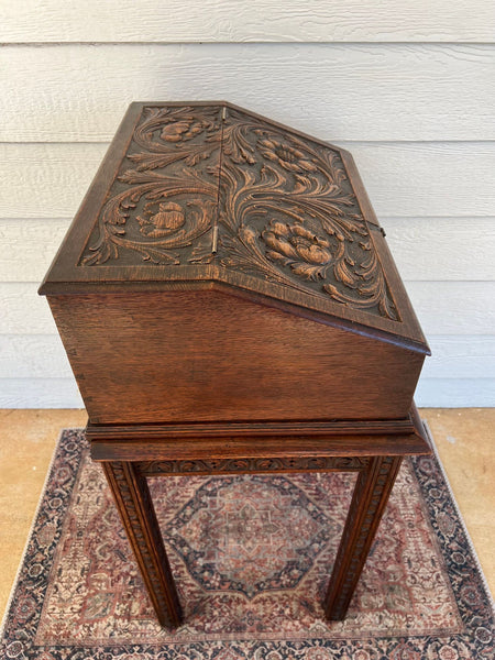 Antique English Slant Top Bible Box Desk Stand Jacobean Carved Oak Lectern c1890