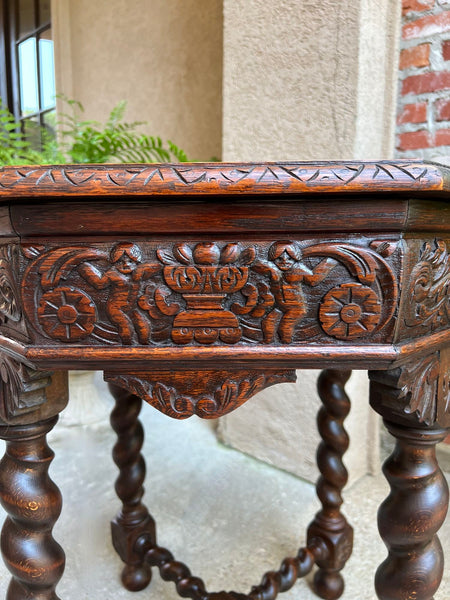 Antique French Octagon Sofa Table Carved Oak Barley Twist Louis XIII Renaissance