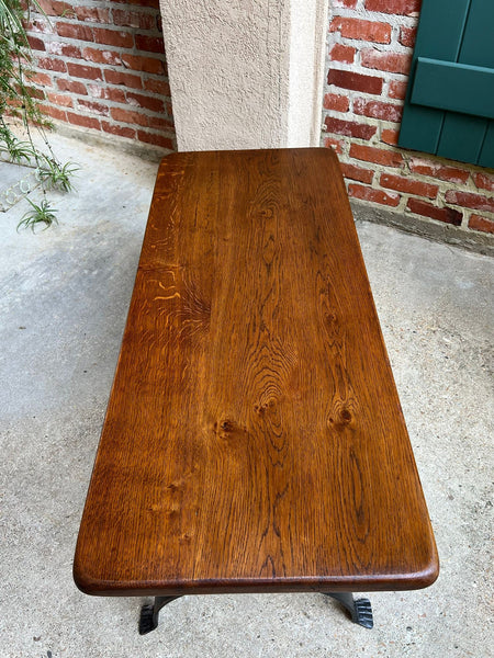 Antique French Coffee Table Bench Country Farmhouse Tiger Oak Wrought Iron c1920