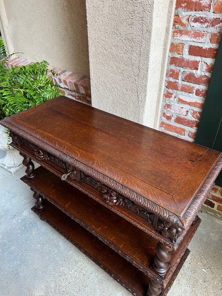 Antique French Carved Oak Server Sideboard Barley Twist Renaissance Bookshelf