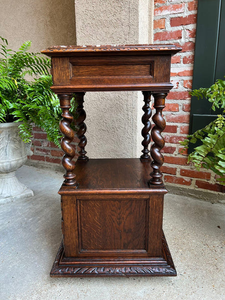 Antique French Side End Table Cabinet BARLEY TWIST Carved Oak Renaissance Marble