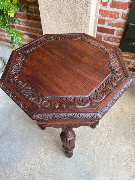 Petite Antique French Octagon Center Side TABLE Renaissance Carved Oak