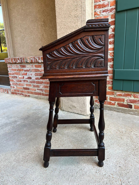 Antique English Slant Front Desk Display Stand Jacobean Carved Tiger Oak Lectern