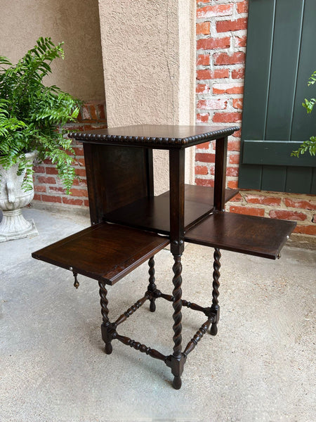 Antique English Square Table Plant Stand Jacobean BARLEY TWIST Cabinet Dark Oak