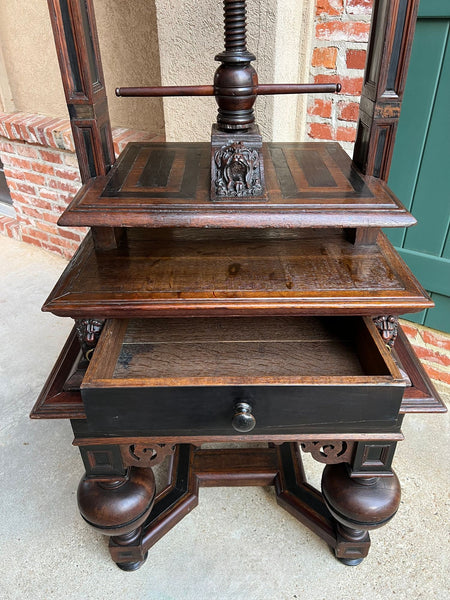 Antique English Book Press Table Renaissance Carved Oak Ebonized Cabinet c1880