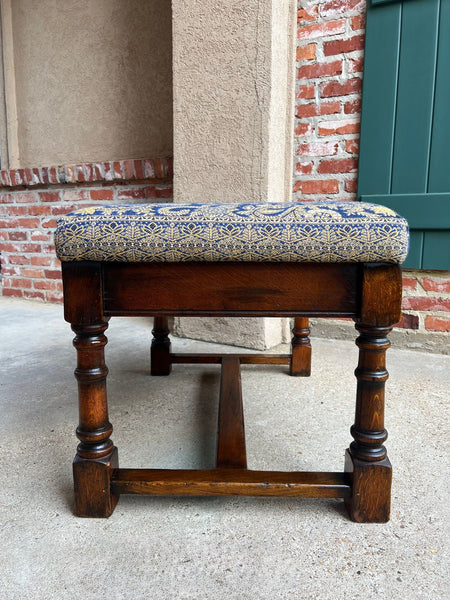 Antique English Oak Bench Upholstered Window Seat Jacobean Revival c1920