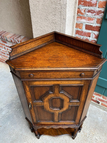 Antique English Tiger Oak Corner Cabinet Barley Twist Jacobean Arts & Crafts