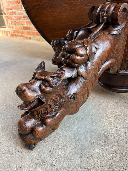 Antique French ROUND Dining Hunt Game Table Carved Oak Black Forest Pedestal