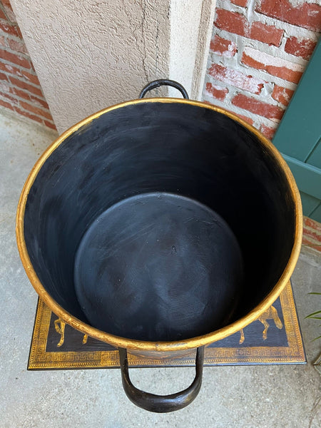 LARGE Antique English Planter Cachepot Black Metal Lacquer SHELL Decoupage c1890