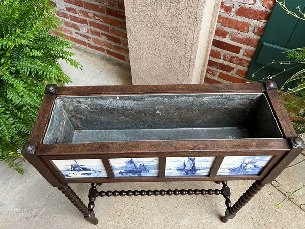 Antique English Planter Blue White DELFT Tile Floral Box Oak Bobbin Legs c1910