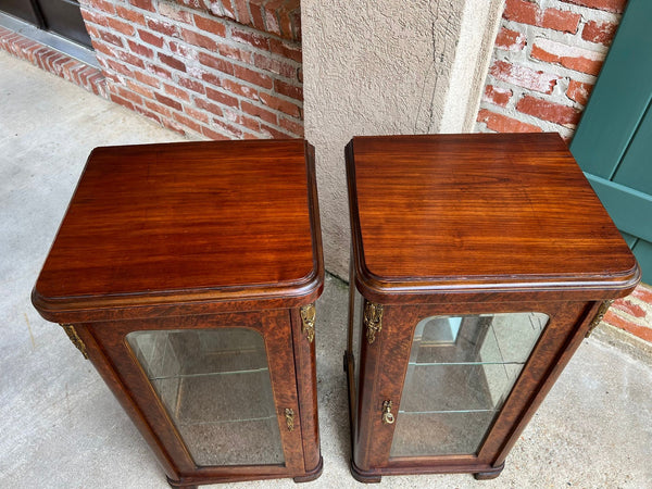 PAIR Antique French Glass Vitrine Display Cabinets Burl Mahogany Mirror c1900