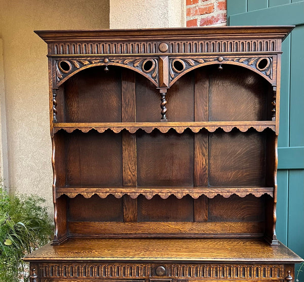 Antique English Welsh Dresser Sideboard Barley Twist Carved Tiger Oak Farmhouse