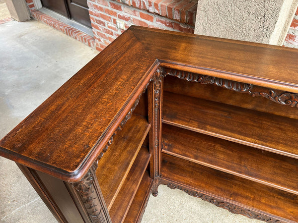 Antique French Corner Bookcase Carved Oak Louis XV Revival Open Shelves c1920