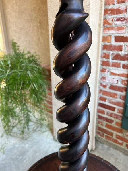 Antique English Carved Oak Floor Lamp OPEN Barley Twist w Round End Table c1920