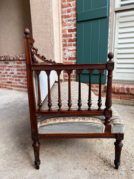 Antique English Chaise Lounge Bench Victorian Hall Seat Carved Walnut c1880