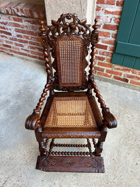 Antique French Child High Chair Renaissance Barley Twist Carved Oak Caned c1890