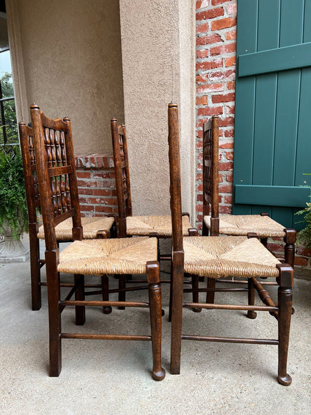 Set 5 Vintage English Oak Dining Side Chairs Rush Seat Lancashire Spindle Back
