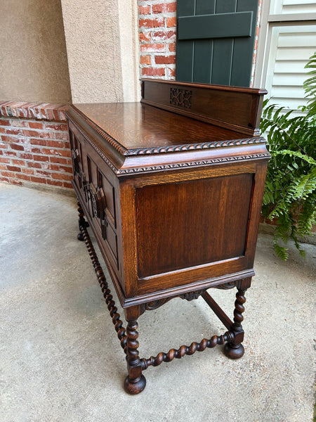 Antique English Sideboard Server Buffet BARLEY TWIST Carved Tiger Oak Jacobean