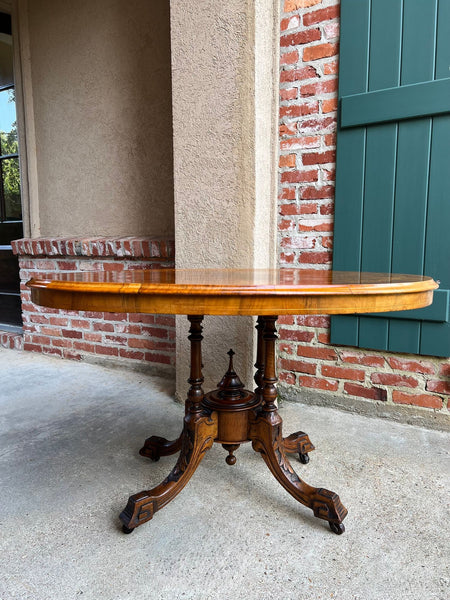 Antique English Center Breakfast Table Burl Walnut Tilt Top Inlaid Oval c1890