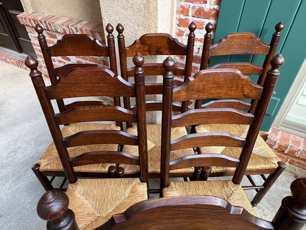 Vintage English Dining Chairs Set 6 Oak Ladder Back Rush Seat Woven