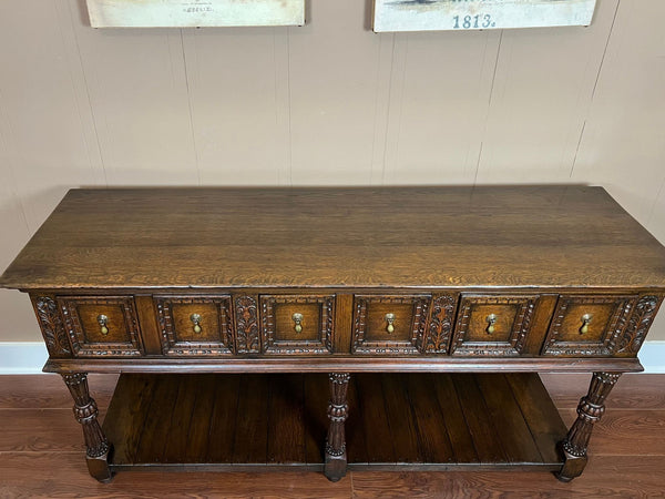 Antique English Dresser Base Sideboard Potboard Jacobean Carved Oak c1890