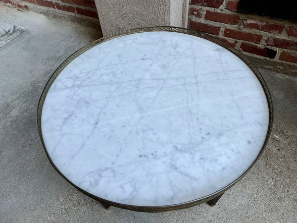 Antique French Round Bouillotte Side Table White Marble Louis XVI Style Gueridon