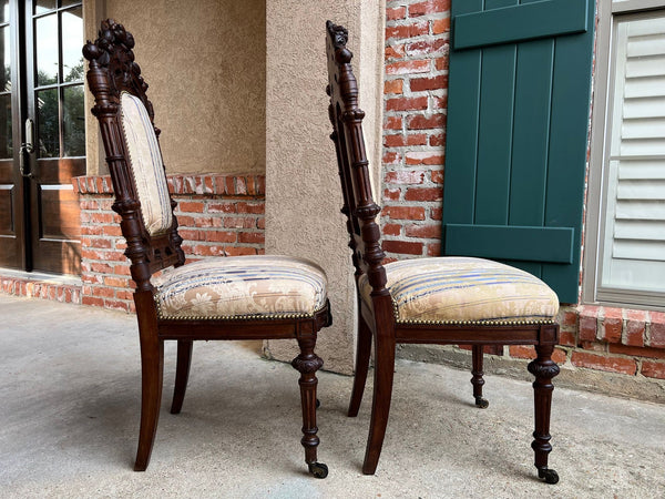 Pair Antique French Dining Chairs Renaissance Carved Oak Black Forest c1880