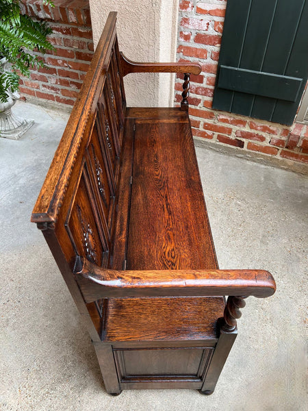 Antique English Hall Bench Carved Oak Barley Twist Jacobean Lift Top Settee