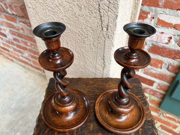 Antique English Oak OPEN Barley Twist Candlesticks Jacobean Pair c1890 11.0”
