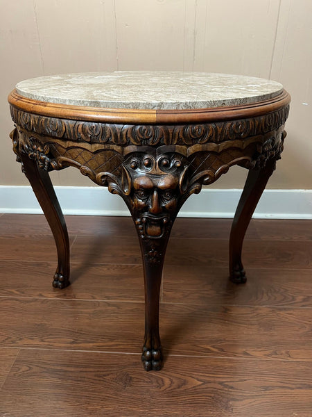 Antique French Renaissance Revival Center Table Round Marble Carved Walnut c1900