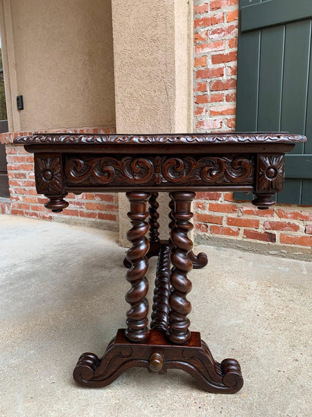 Antique French Console Sofa Table Carved Oak Barley Twist Desk Renaissance c1890