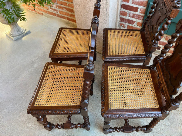 Set 4 Antique French Dining Chairs Barley Twist Cane Seat Carved Oak c1920