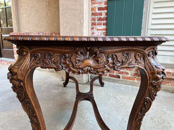 Antique French Center Library Table Louis XV Carved Oak Rococo Parquetry c1890
