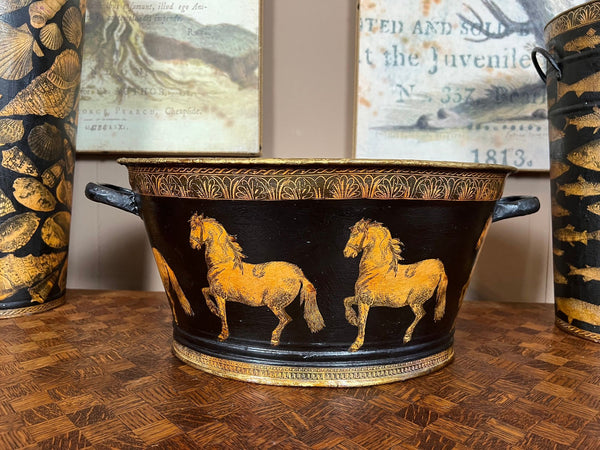 Antique English Planter Jardiniere Horse Equine Black Decoupage Tole Metal c1900