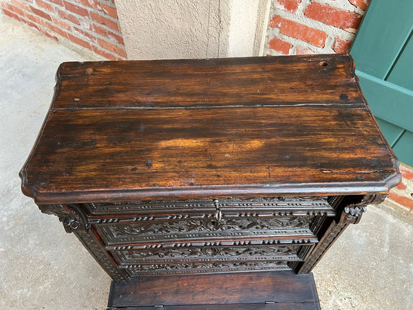 Antique French Gothic Devotional Cabinet Religious Painting Carved Oak Kneeler