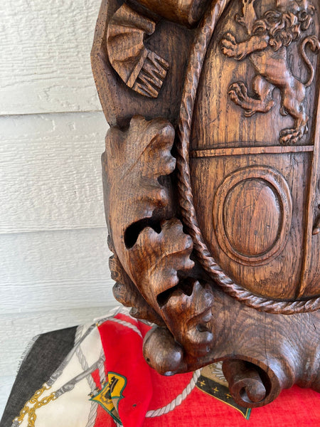 Antique French Gothic Wall Plaque Coat of Arms Carved Oak Renaissance c1890