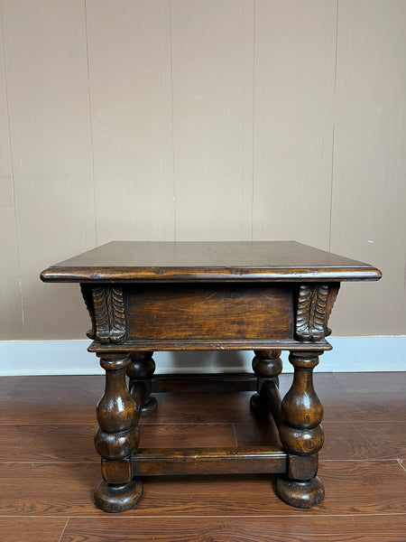 Antique English Side End Table Small Square Carved Oak Jacobean Revival c1910