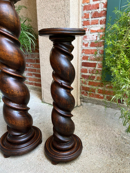 PAIR Set of 2 Antique French Pedestal Stand BARLEY TWIST Oak LARGE Plant Columns