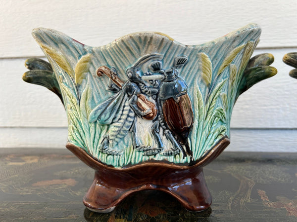 PAIR Antique French Majolica Jardinières Insect Musician Cache Pot Planter c1880