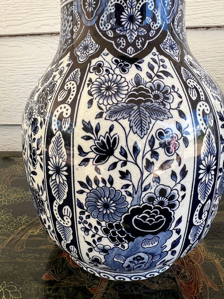 Vintage Large Delft Trumpet Vase Blue and White Floral Boch Royal Sphinx Urn