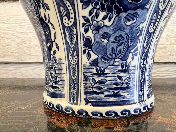 Vintage Large Delft Ginger Jar Vase Blue & White Floral Royal Sphinx Lidded Urn