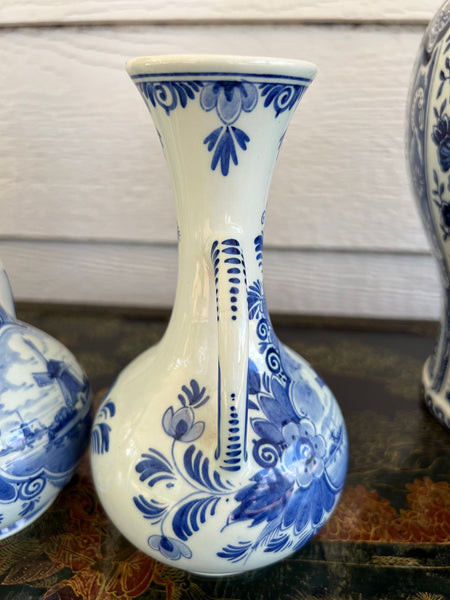 PAIR Petite Vintage Delft Vases Blue & White Windmilll Hand Painted Bud Vases