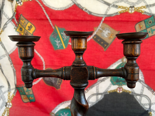 PAIR Antique English Oak Barley Twist Candlesticks Candelabras Candle Holders