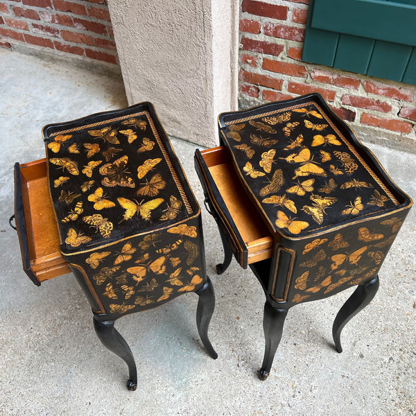 PAIR French Bedside Cabinets Chinoiserie Butterfly Gilt Lacquer Tables