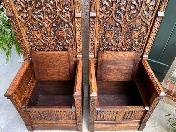 PAIR SET Antique French Hall Bench Gothic Revival Throne Altar Chairs Carved Oak
