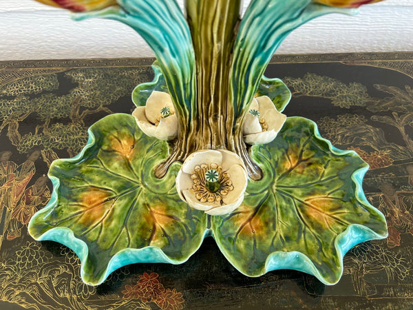 Antique French Majolica Vase Centerpiece Onnaing Art Nouveau Iris Tulip c1900